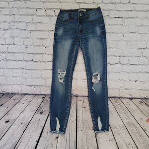 Refuge Skinny Denim Jeans Women's Size 2 Blue Mid Rise Distressed Raw Hem Faded
